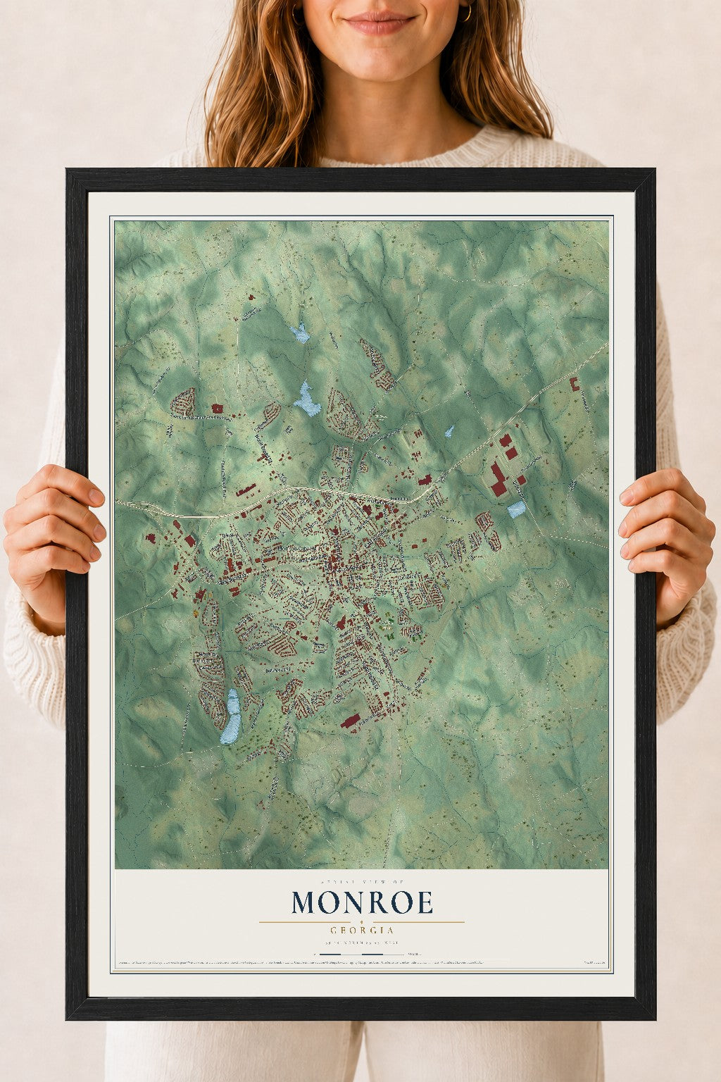 Monroe, Georgia map print, 18" x 24" W/ Black Ayous Wood Frame mockup