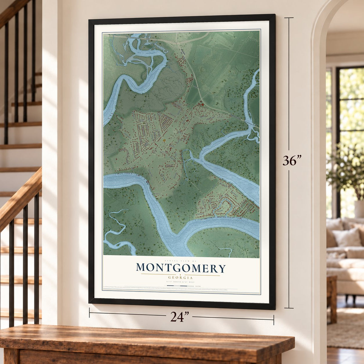 Montgomery, Georgia map, 24 x 36 inch print in a black frame by a staircase