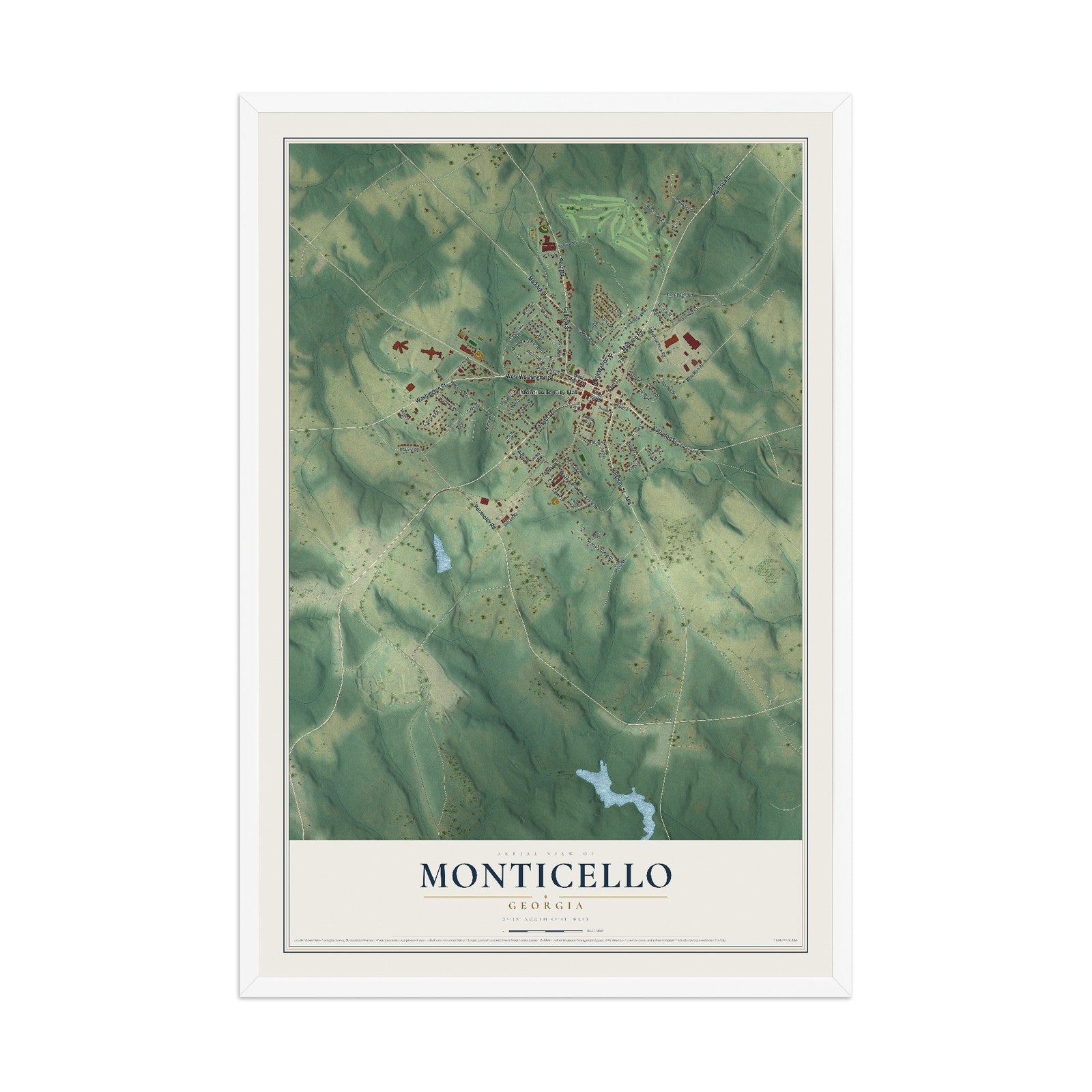 Monticello, Georgia map print, 12" x 18" W/ White Ayous Wood Frame mockup