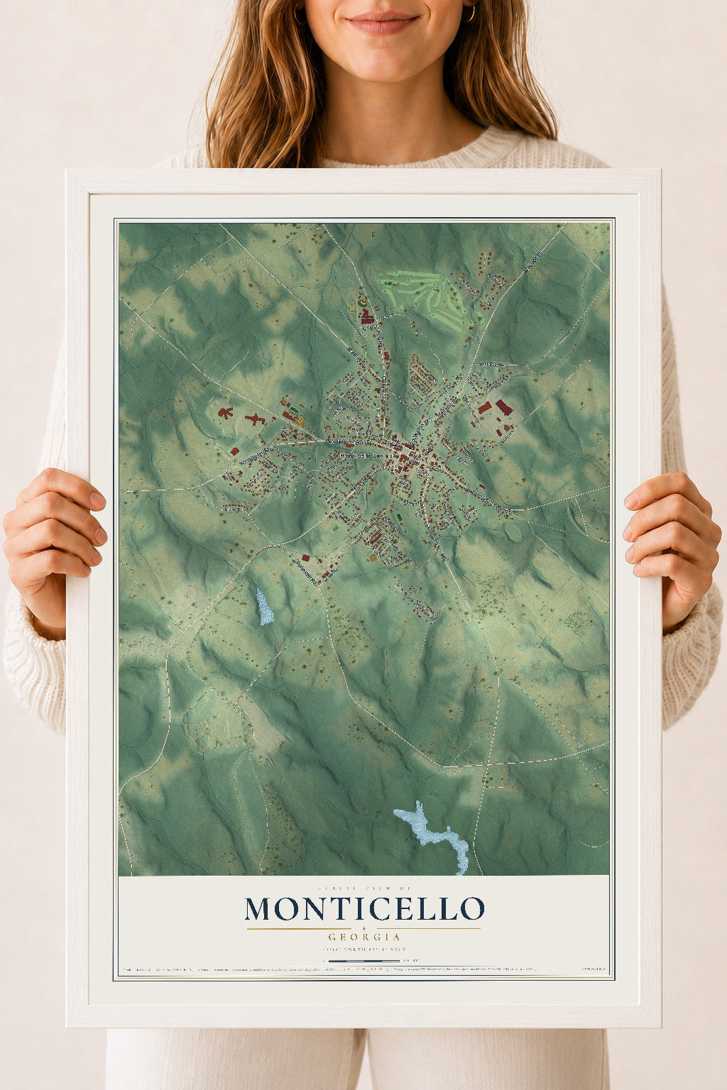 Monticello, Georgia map print, 18" x 24" W/ White Ayous Wood Frame mockup