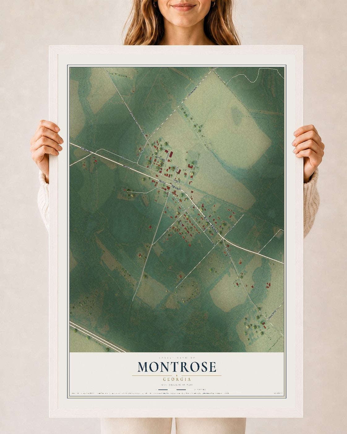 Montrose, Georgia map print, 24" x 36" W/ White Ayous Wood Frame mockup