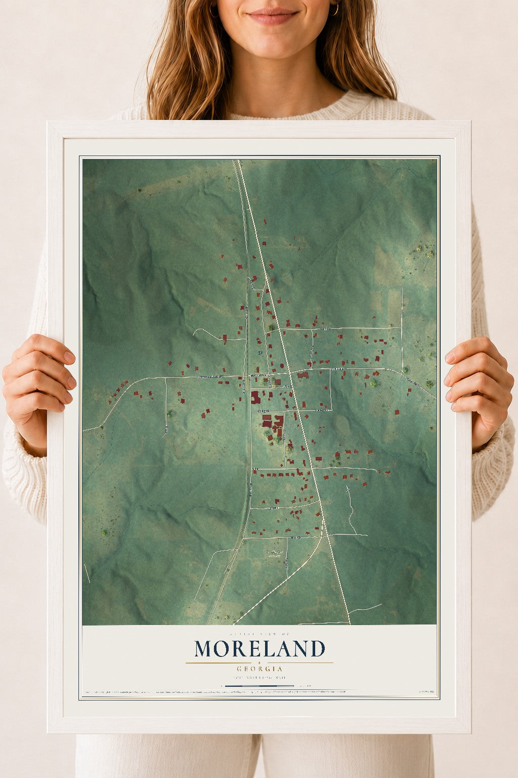 Moreland, Georgia map print, 18" x 24" W/ White Ayous Wood Frame mockup
