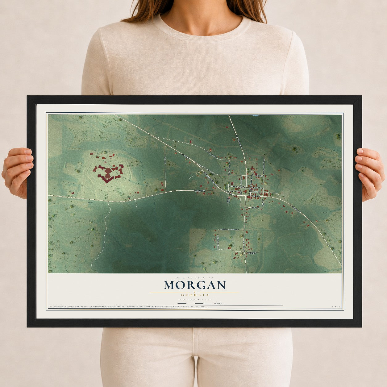 Morgan, Georgia map print, 12" x 18" W/ Black Ayous Wood Frame mockup