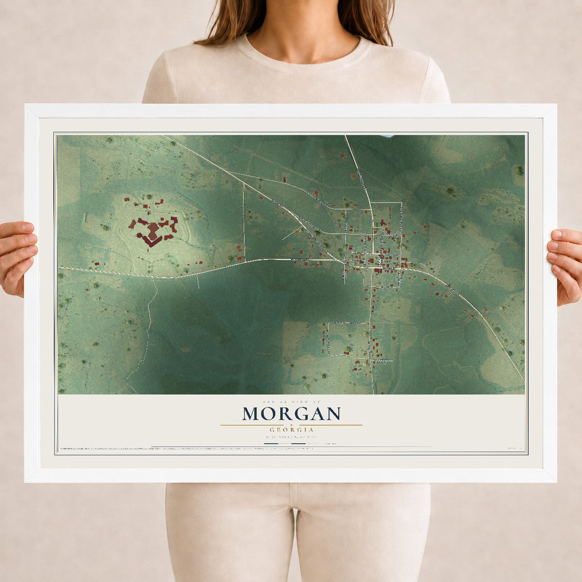 Morgan, Georgia map print, 18" x 24" W/ White Ayous Wood Frame mockup