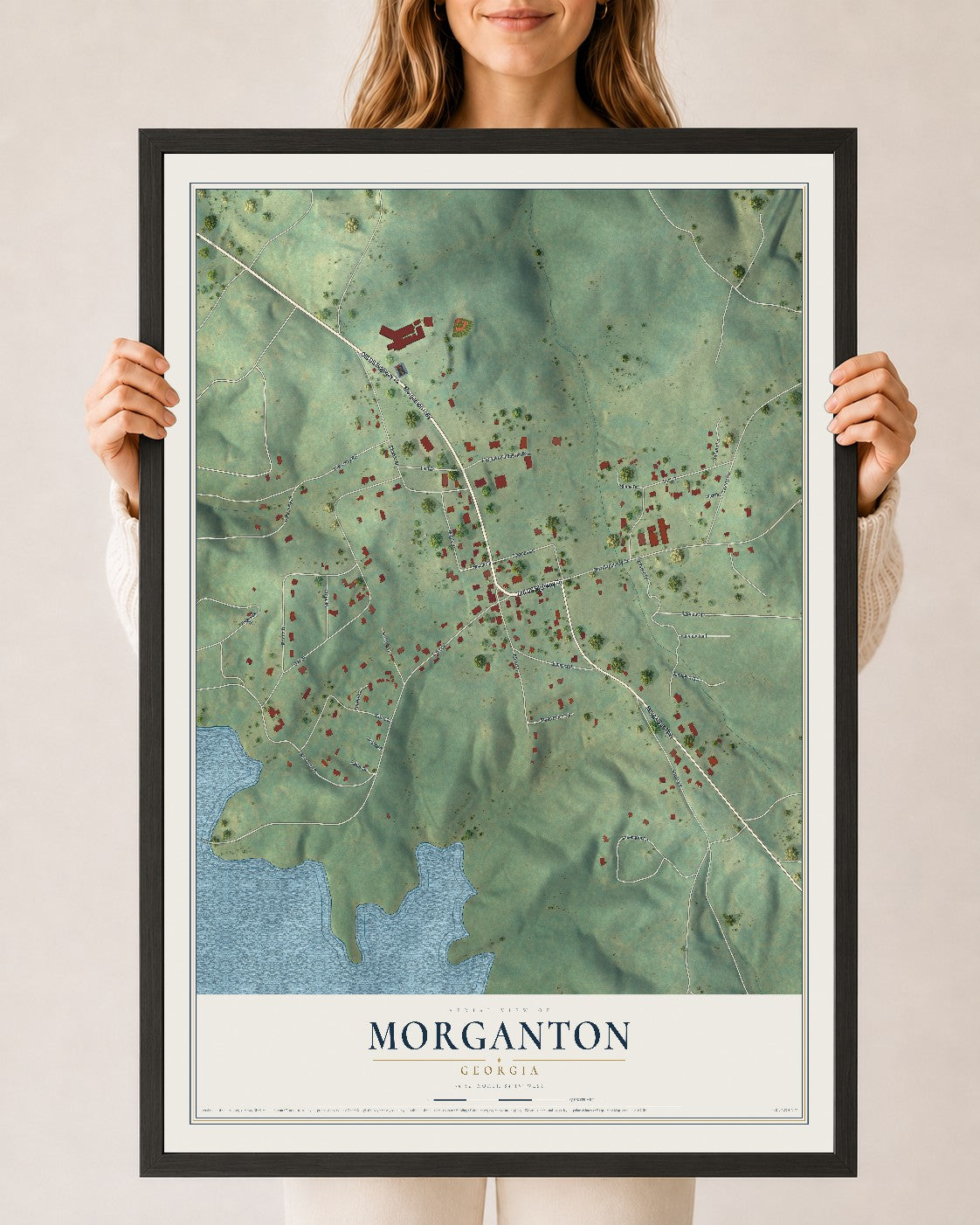 Morganton, Georgia map print, 24" x 36" W/ Black Ayous Wood Frame mockup