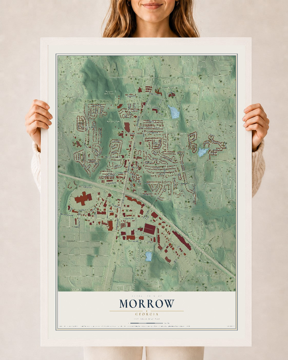 Morrow, Georgia map print, 24" x 36" W/ White Ayous Wood Frame mockup