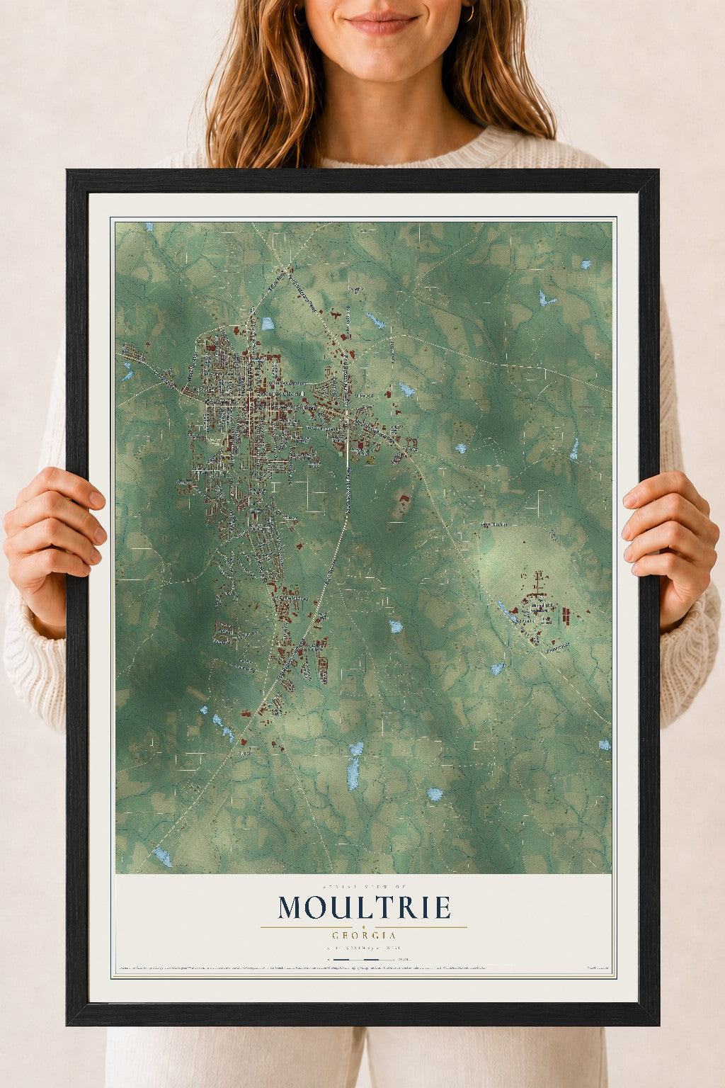 Moultrie, Georgia map print, 18" x 24" W/ Black Ayous Wood Frame mockup