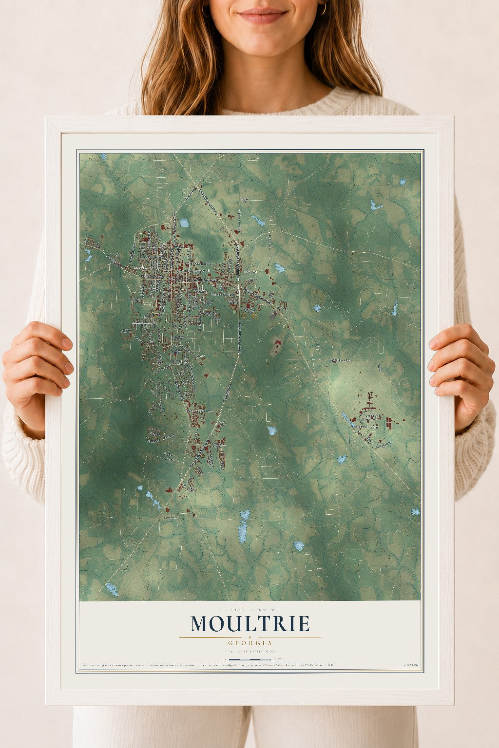 Moultrie, Georgia map print, 18" x 24" W/ White Ayous Wood Frame mockup