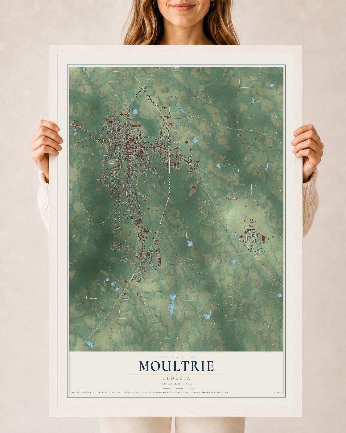 Moultrie, Georgia map print, 24" x 36" W/ White Ayous Wood Frame mockup