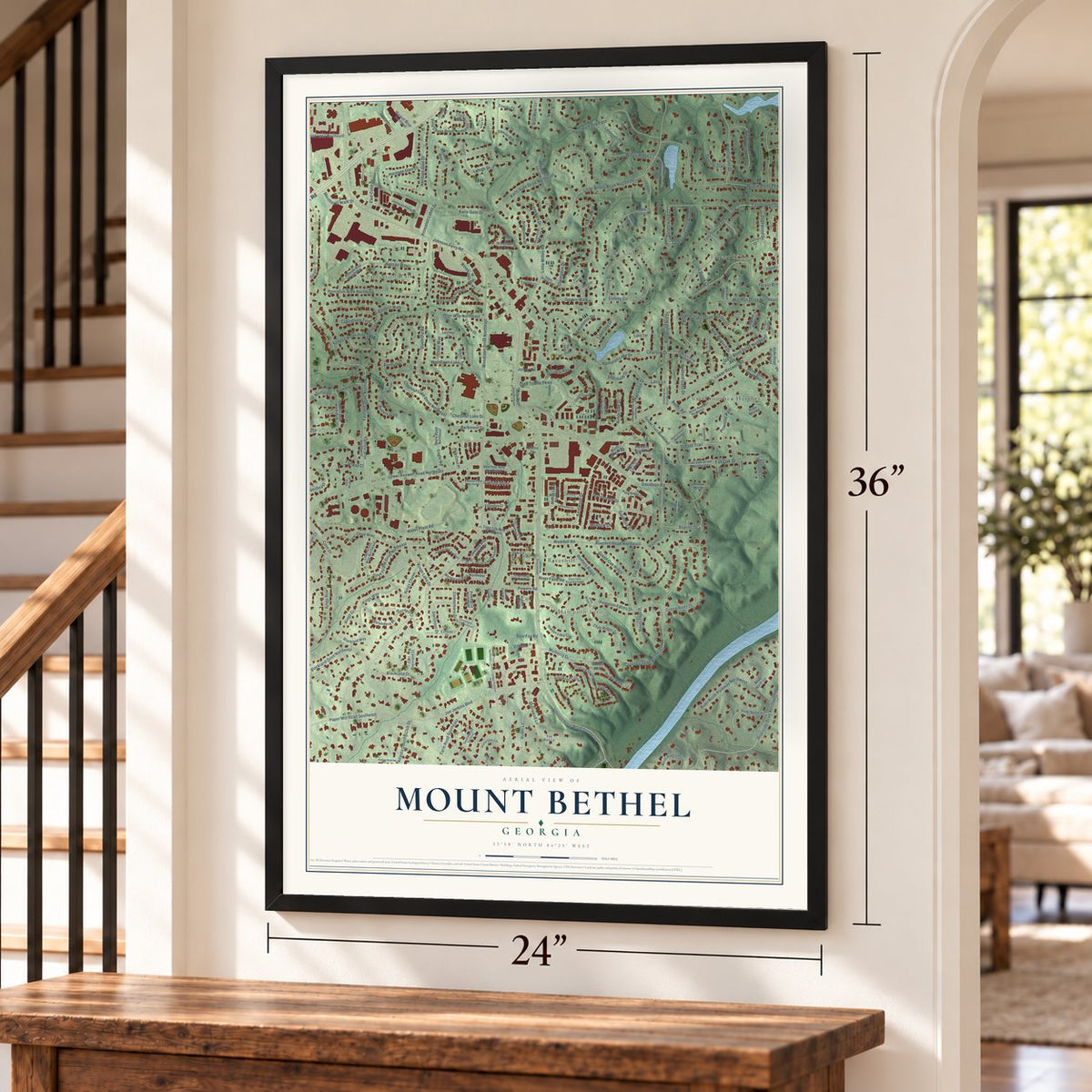 Mount Bethel, Georgia map, 24 x 36 inch print in a black frame by a staircase
