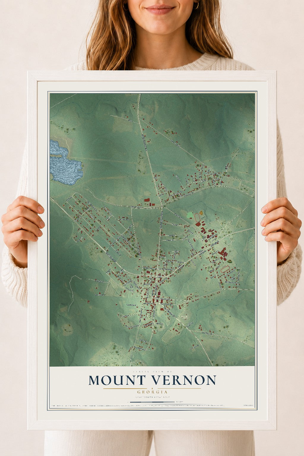 Mount Vernon, Georgia map print, 18" x 24" W/ White Ayous Wood Frame mockup