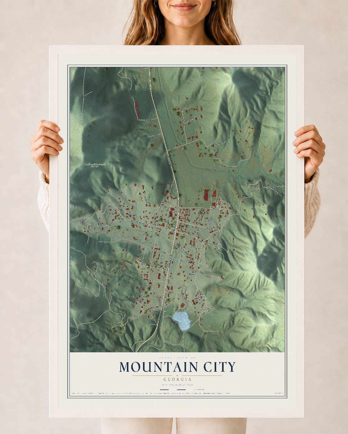 Mountain City, Georgia map print, 24" x 36" W/ White Ayous Wood Frame mockup