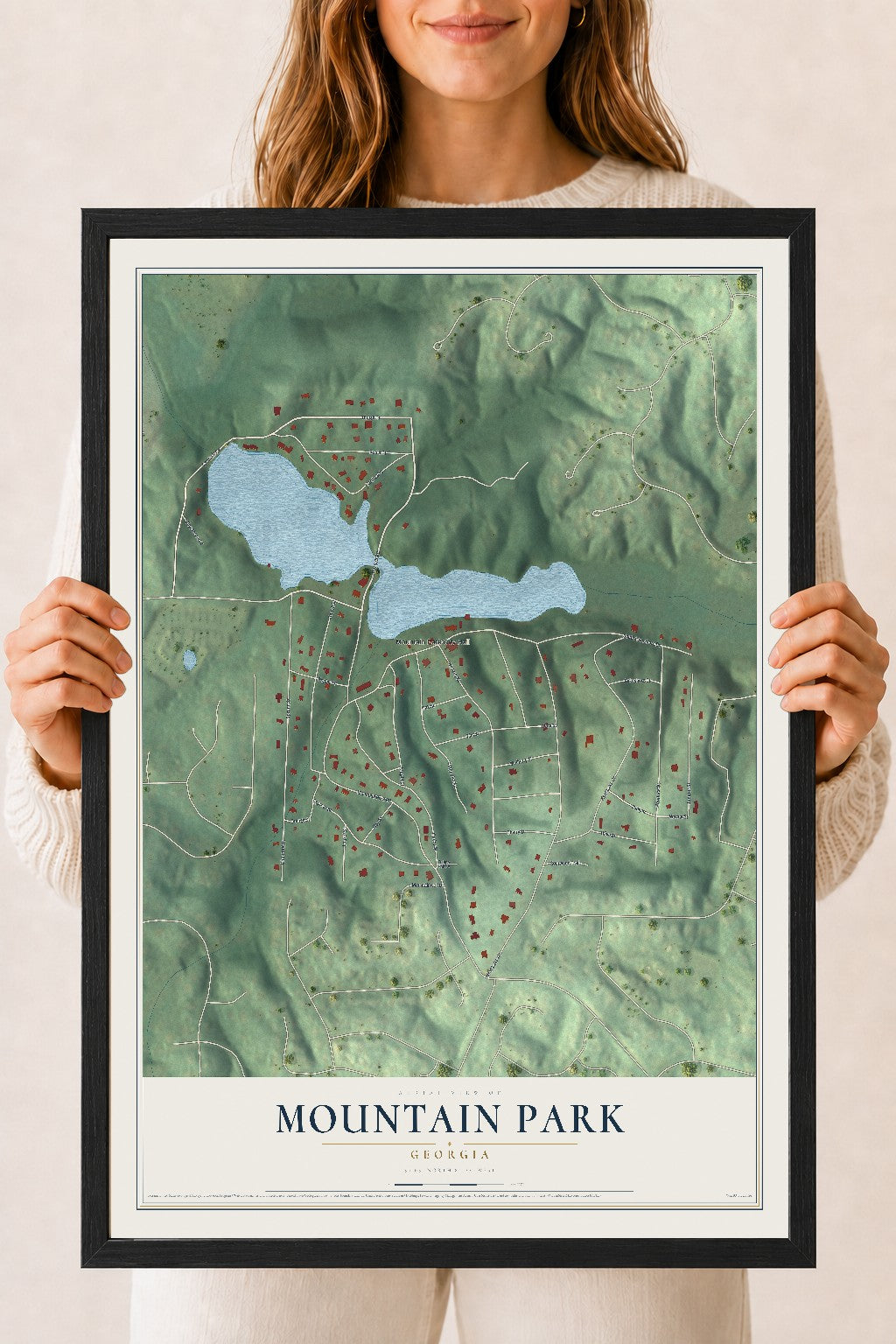 Mountain Park, Georgia map print, 18" x 24" W/ Black Ayous Wood Frame mockup