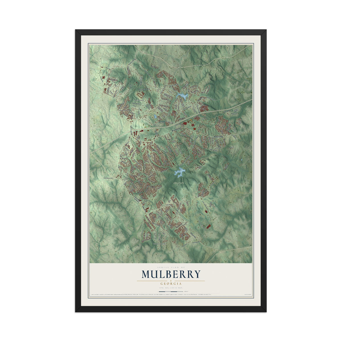 Mulberry, Georgia map print, 12" x 18" W/ Black Ayous Wood Frame mockup