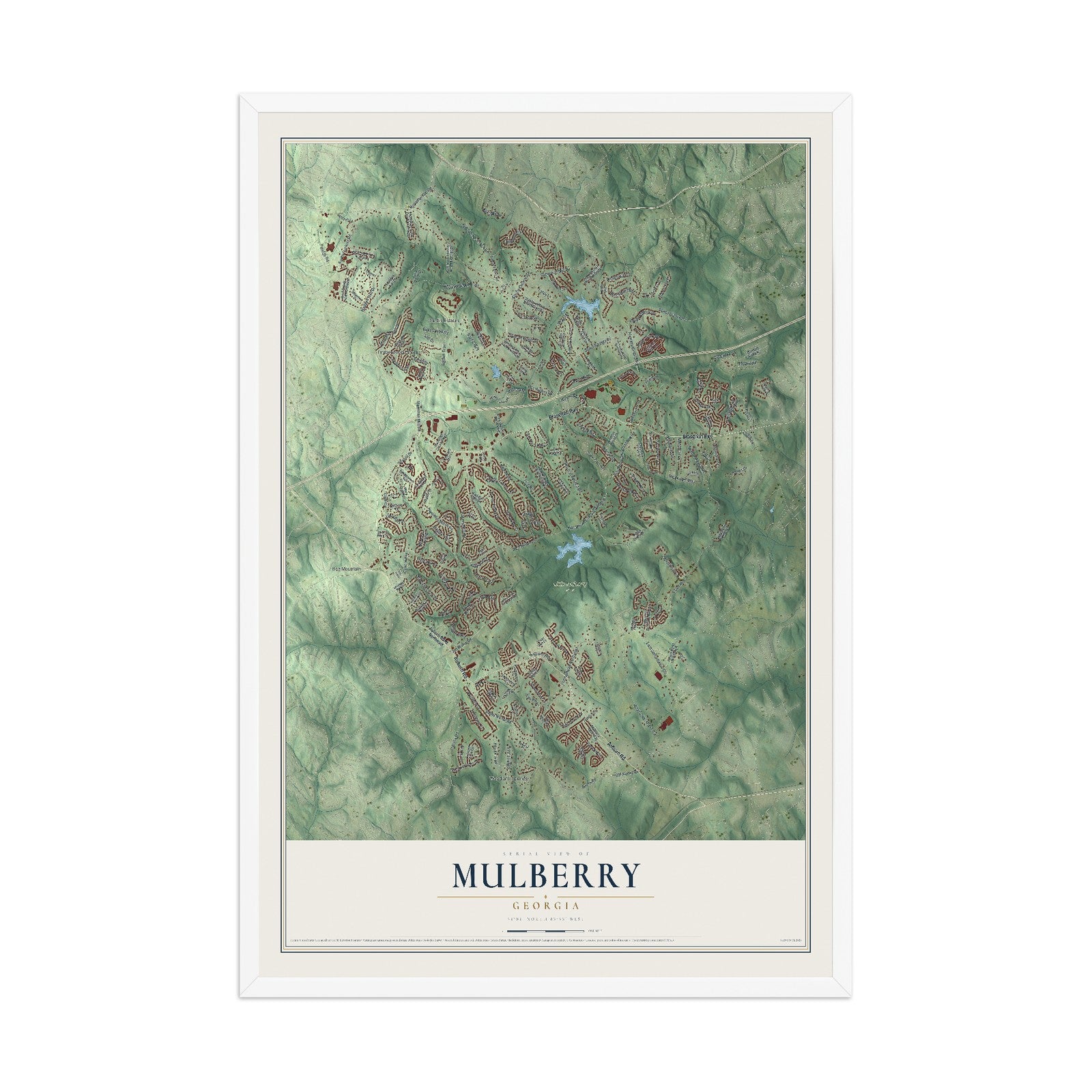 Mulberry, Georgia map print, 12" x 18" W/ White Ayous Wood Frame mockup