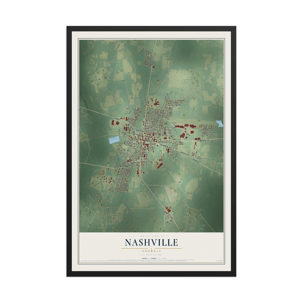 Nashville, Georgia map print, 12" x 18" W/ Black Ayous Wood Frame mockup