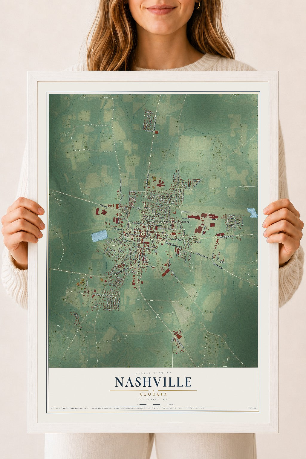 Nashville, Georgia map print, 18" x 24" W/ White Ayous Wood Frame mockup