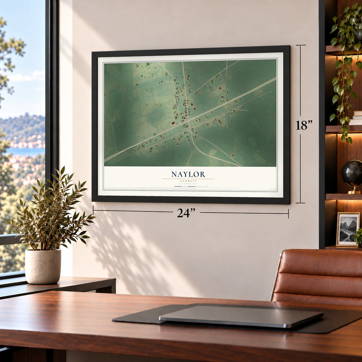 Naylor, Georgia map, 18 x 24 inch print in a black frame in a home office