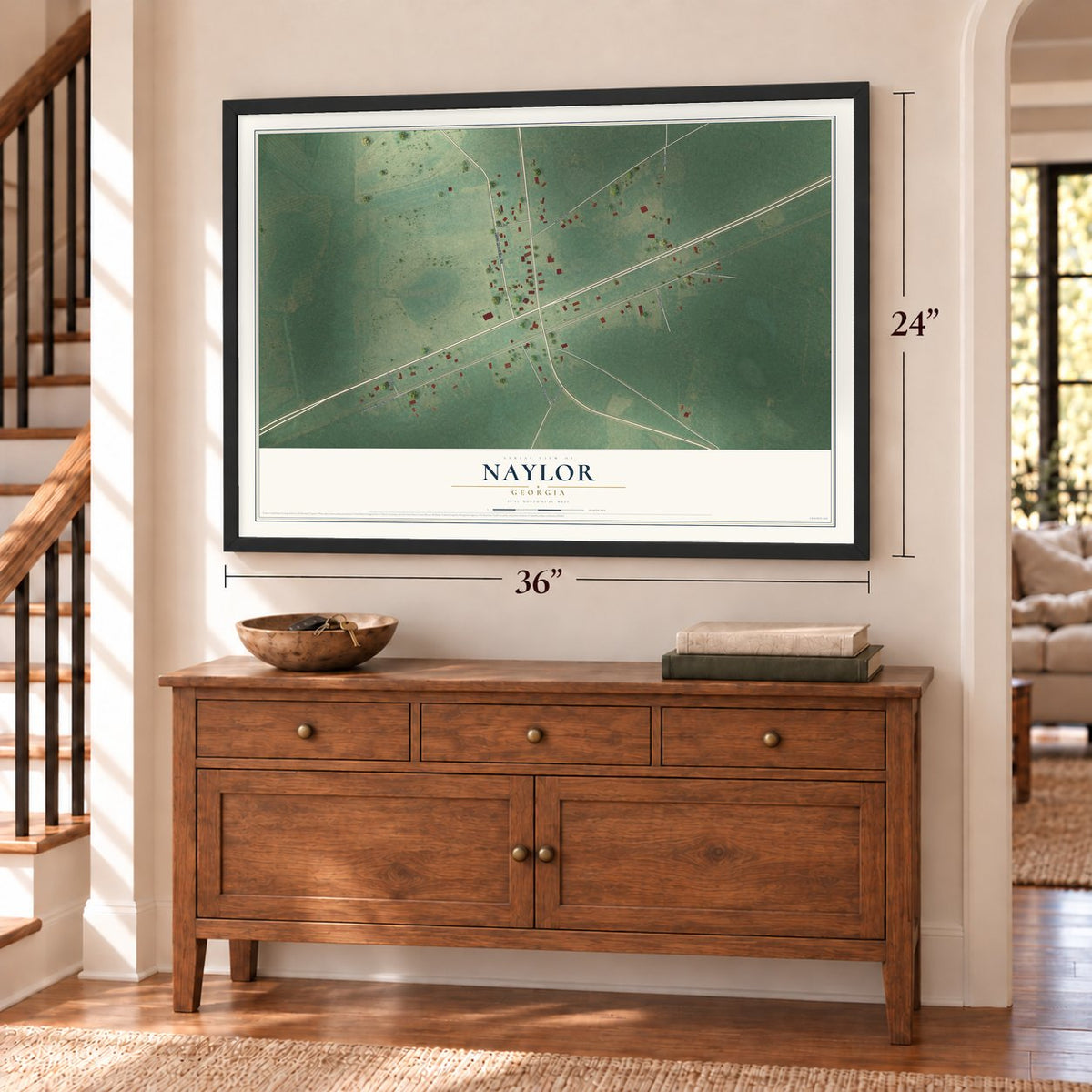 Naylor, Georgia map, 24 x 36 inch print in a black frame above a dresser by a staircase