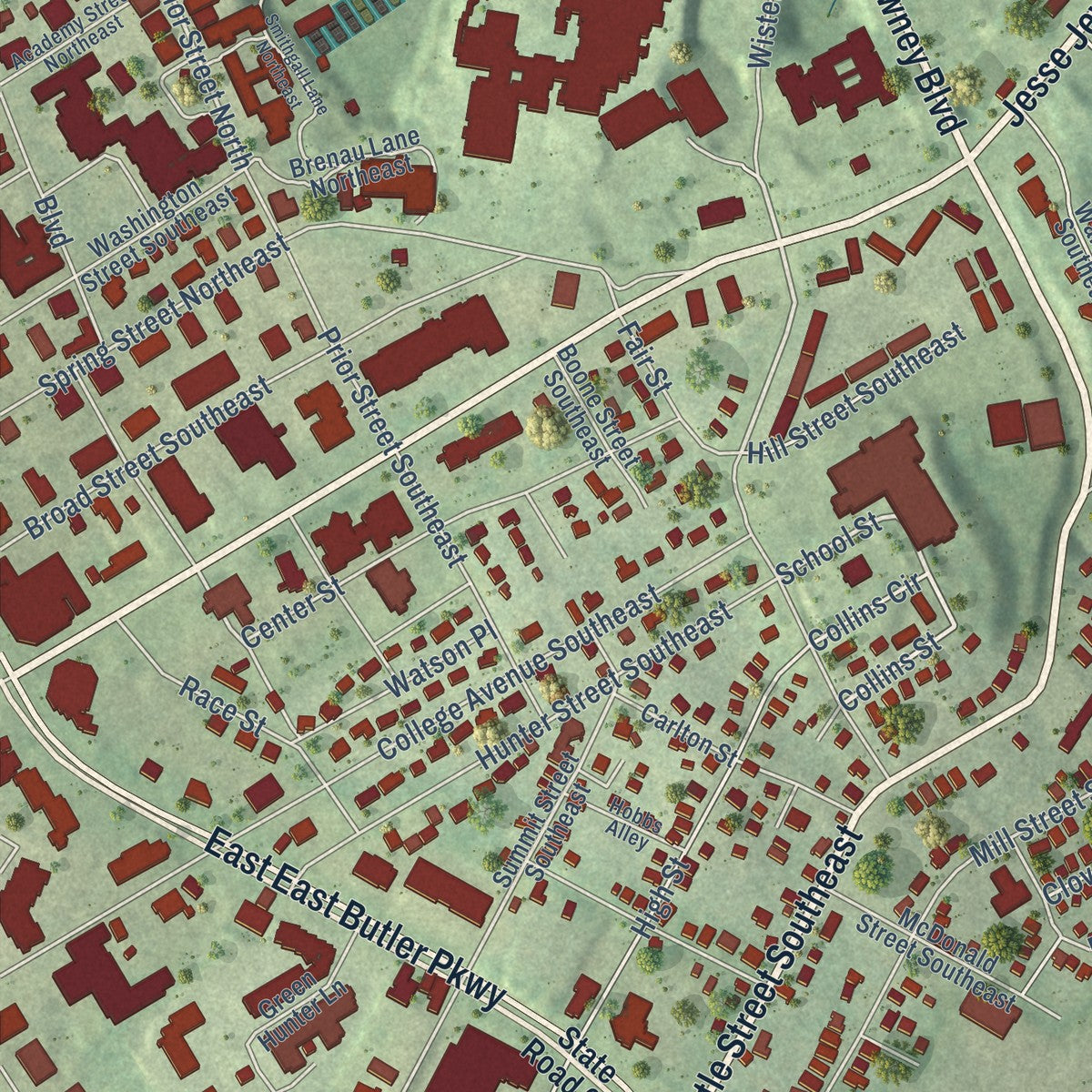 Close-up of the map of New Holland, Georgia print showing street and building detail