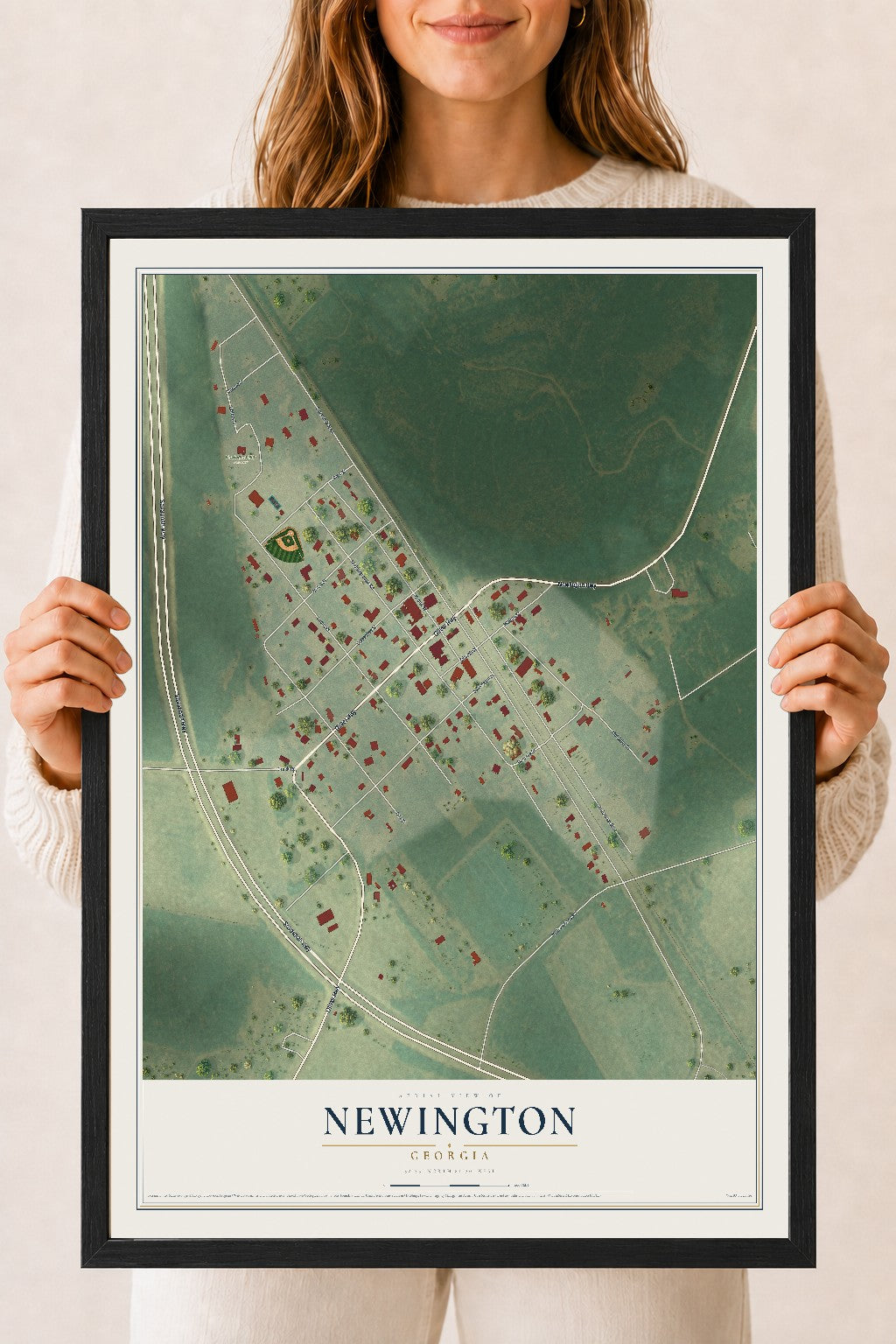 Newington, Georgia map print, 18" x 24" W/ Black Ayous Wood Frame mockup