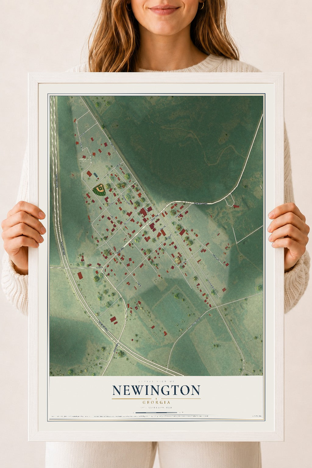 Newington, Georgia map print, 18" x 24" W/ White Ayous Wood Frame mockup
