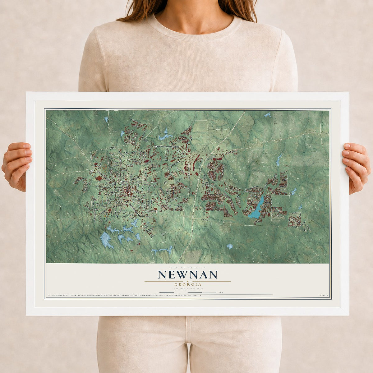 Newnan, Georgia map print, 12" x 18" W/ White Ayous Wood Frame mockup