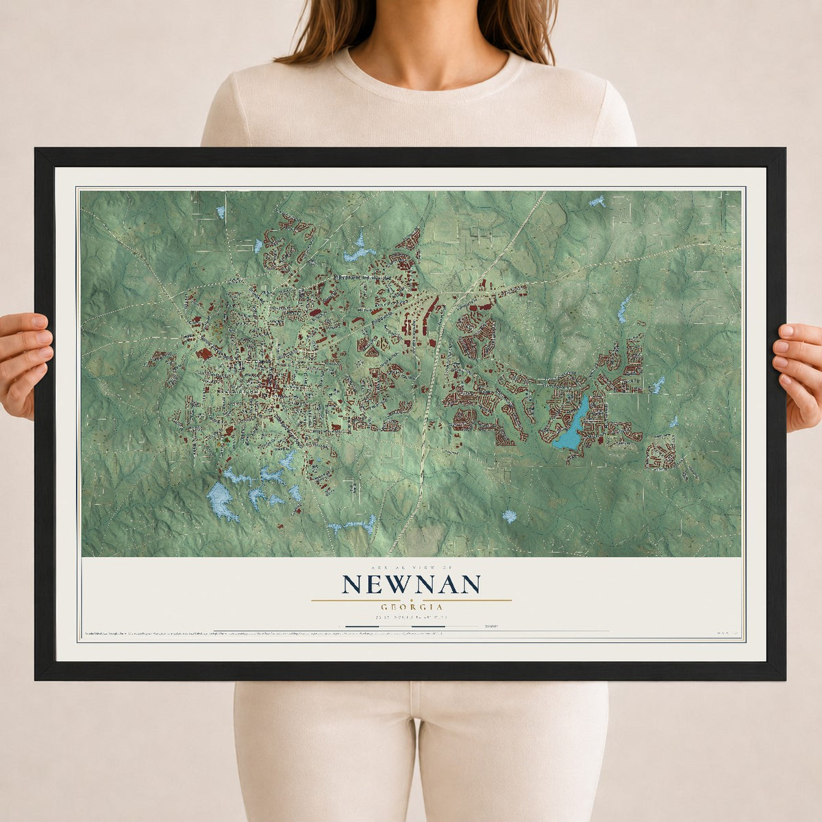 Newnan, Georgia map print, 18" x 24" W/ Black Ayous Wood Frame mockup