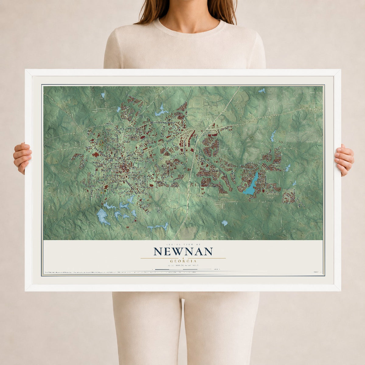 Newnan, Georgia map print, 24" x 36" W/ White Ayous Wood Frame mockup