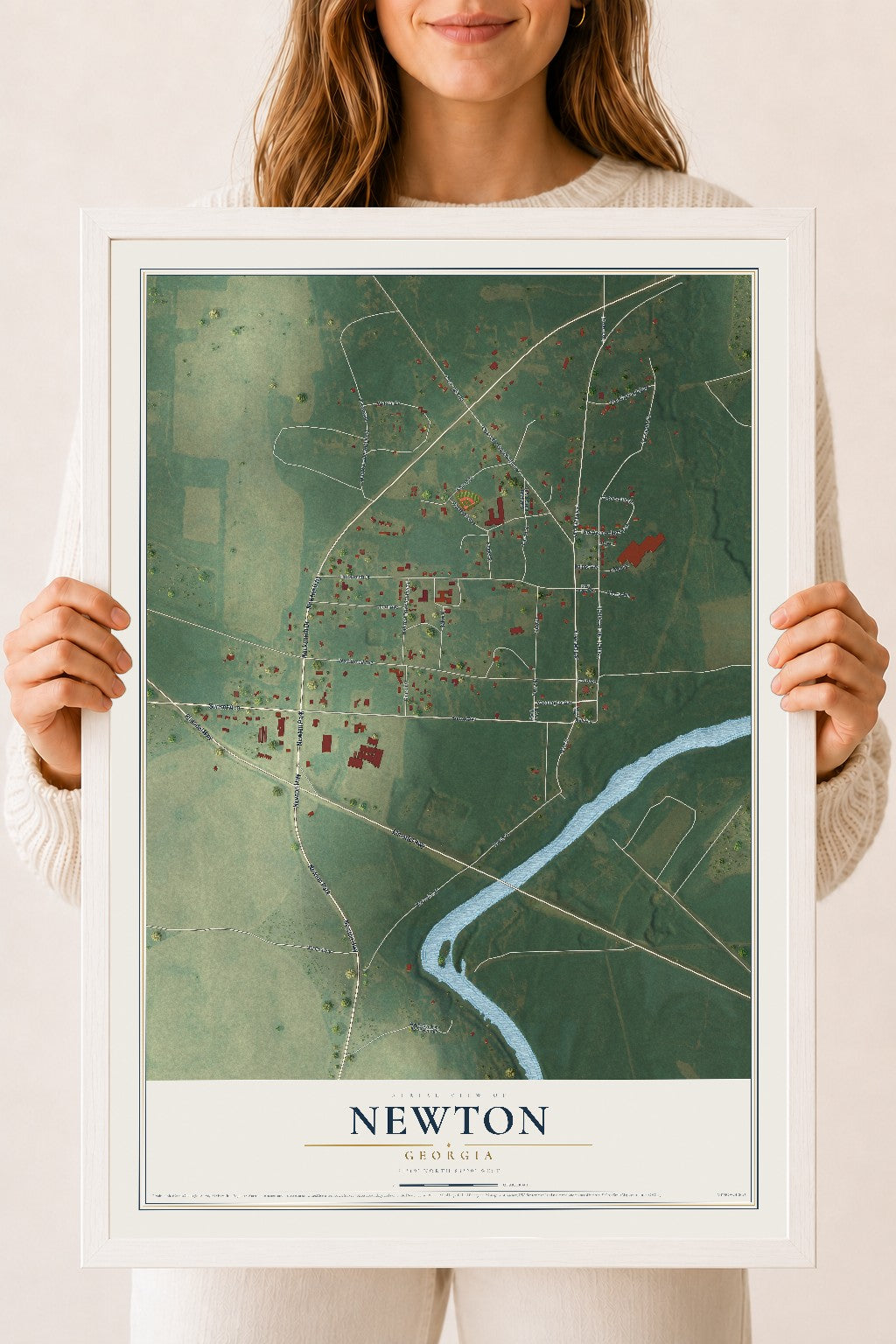 Newton, Georgia map print, 18" x 24" W/ White Ayous Wood Frame mockup