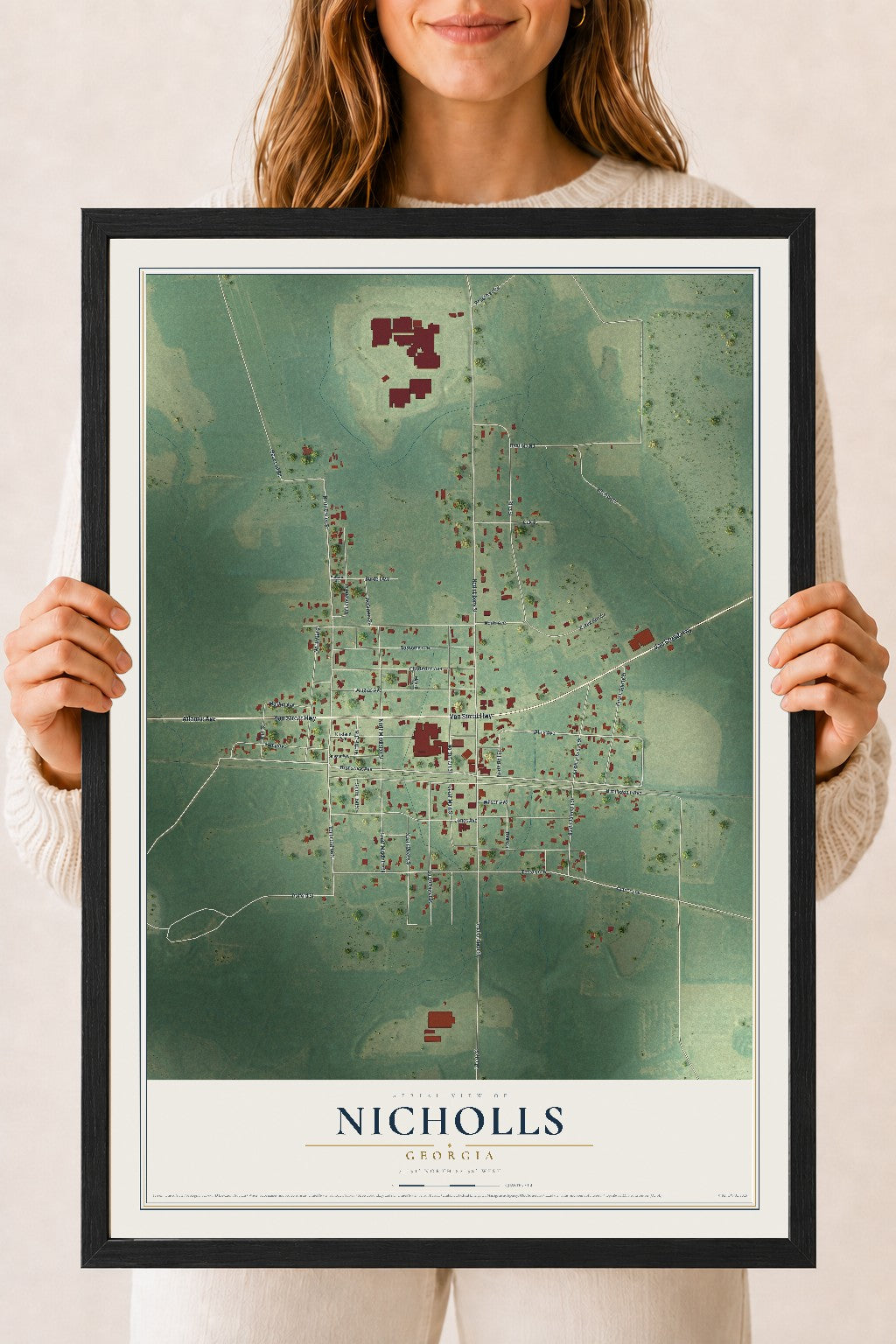 Nicholls, Georgia map print, 18" x 24" W/ Black Ayous Wood Frame mockup
