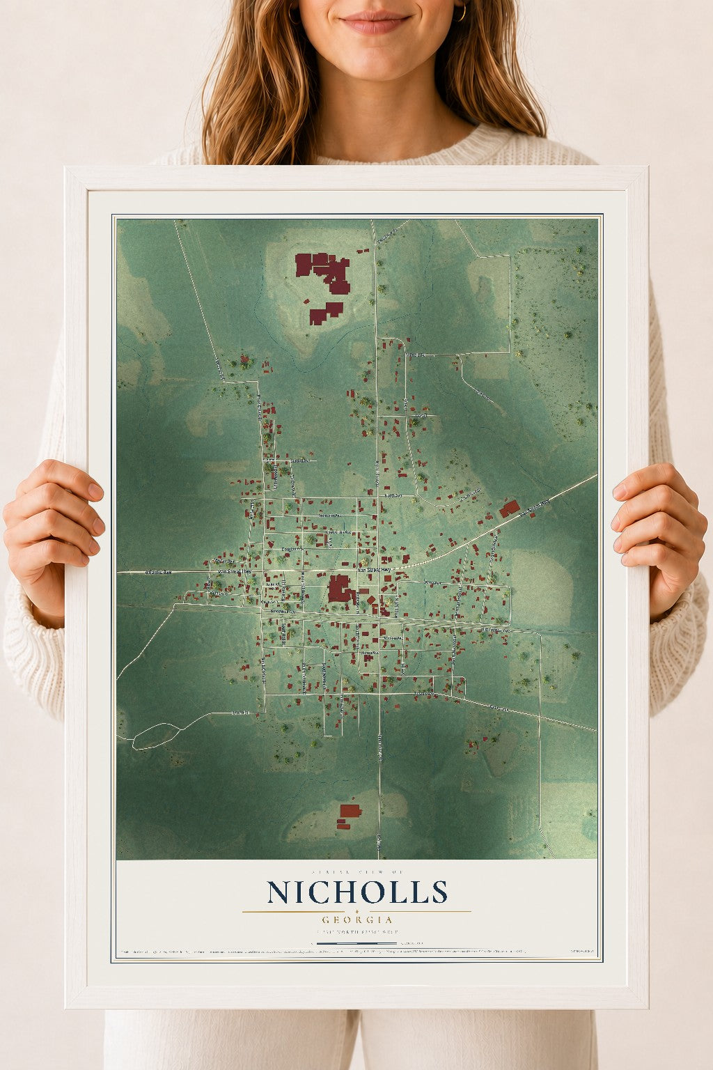 Nicholls, Georgia map print, 18" x 24" W/ White Ayous Wood Frame mockup