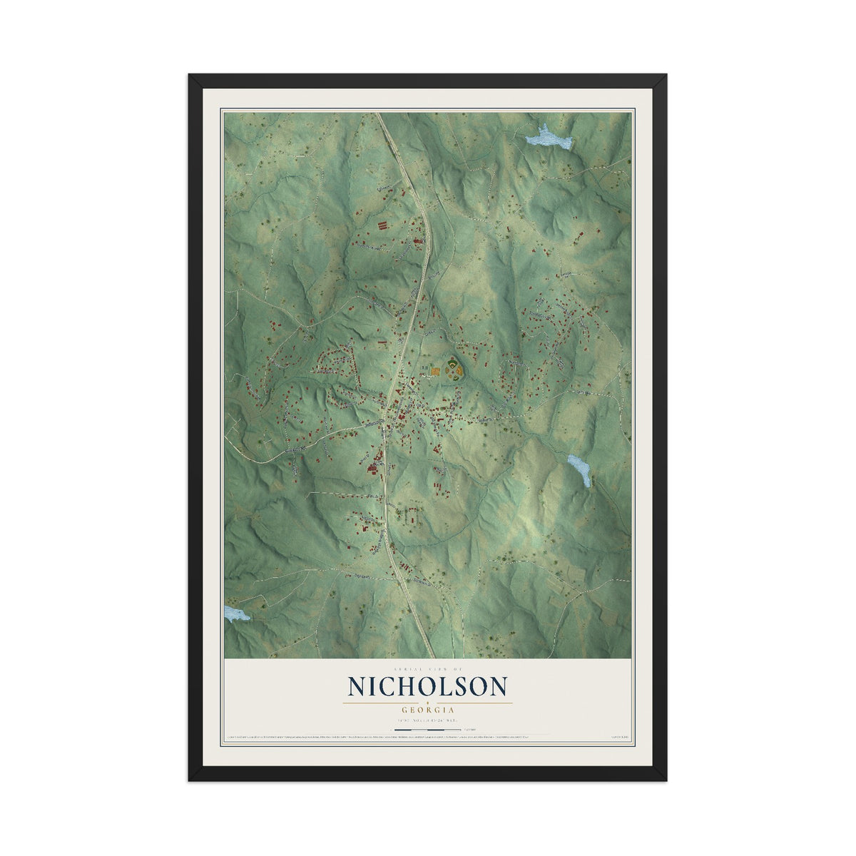 Nicholson, Georgia map print, 12" x 18" W/ Black Ayous Wood Frame mockup