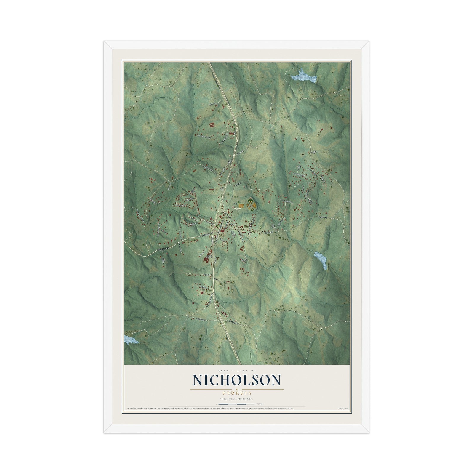 Nicholson, Georgia map print, 12" x 18" W/ White Ayous Wood Frame mockup
