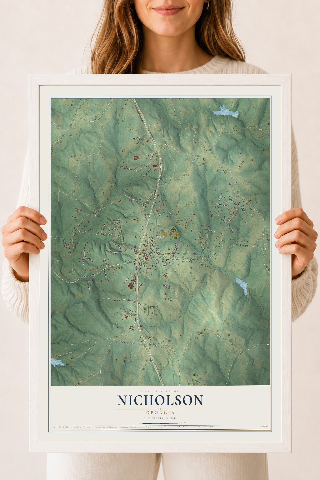 Nicholson, Georgia map print, 18" x 24" W/ White Ayous Wood Frame mockup