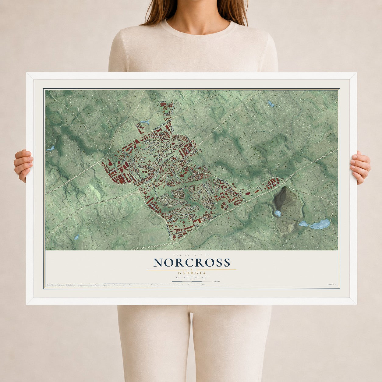 Norcross, Georgia map print, 24" x 36" W/ White Ayous Wood Frame mockup