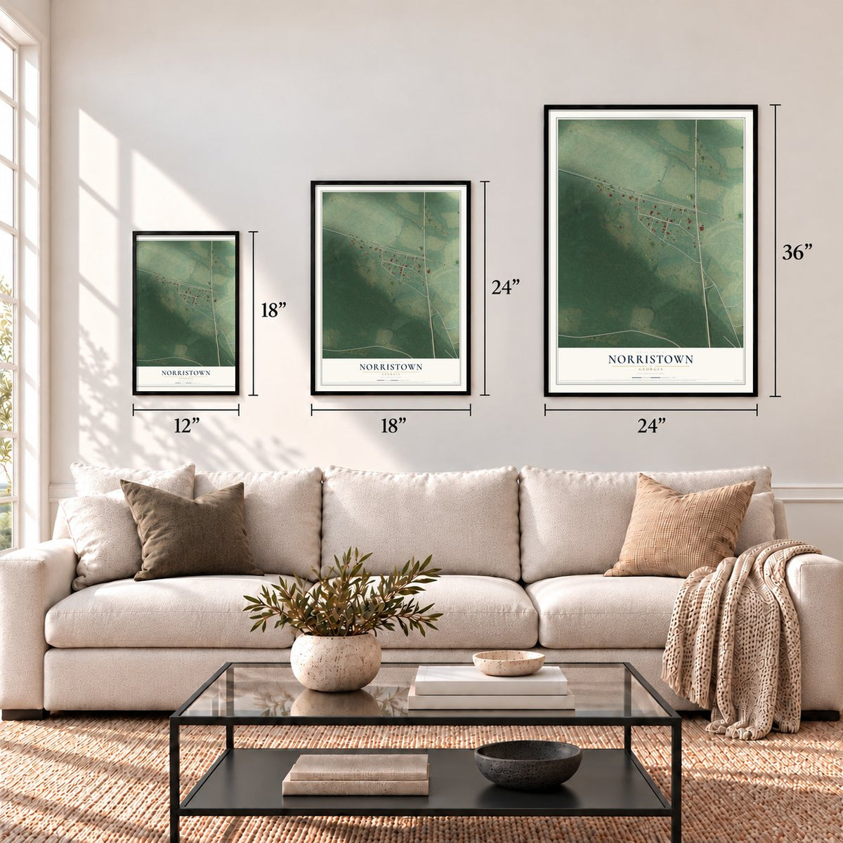 Norristown, Georgia map in 12 x 18, 18 x 24 and 24 x 36 inch sizes above a sofa