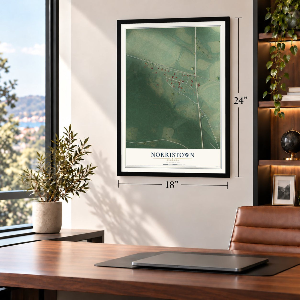 Norristown, Georgia map, 18 x 24 inch print in a black frame in a home office