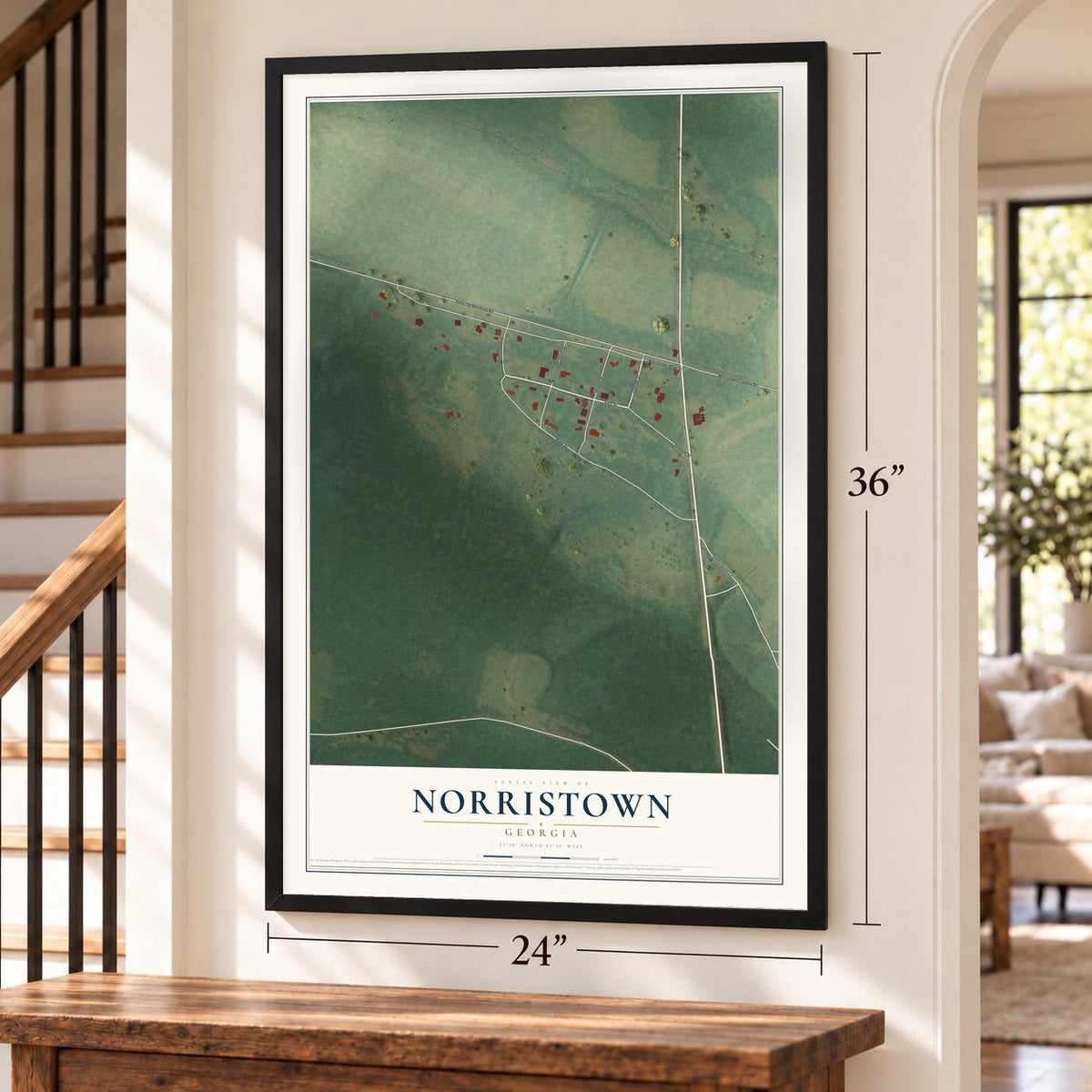 Norristown, Georgia map, 24 x 36 inch print in a black frame by a staircase