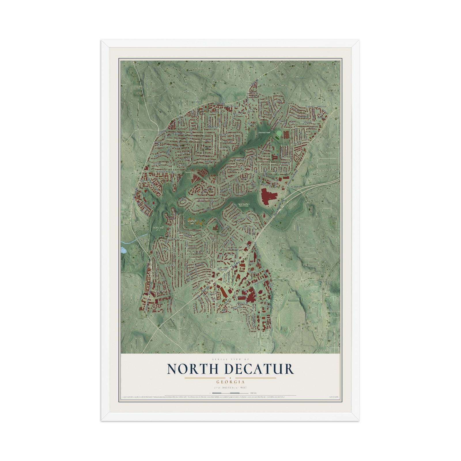 North Decatur, Georgia map print, 12" x 18" W/ White Ayous Wood Frame mockup
