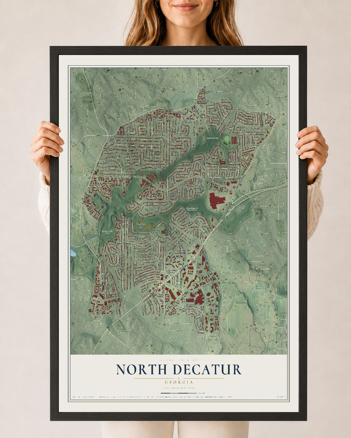 North Decatur, Georgia map print, 24" x 36" W/ Black Ayous Wood Frame mockup