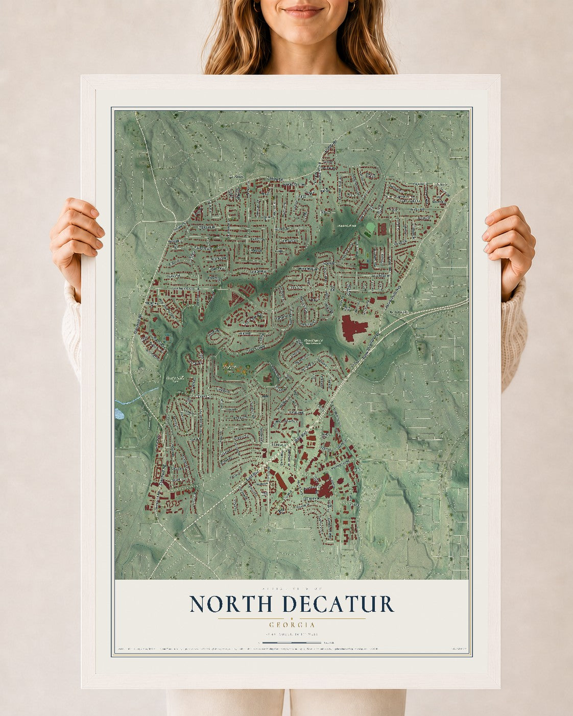 North Decatur, Georgia map print, 24" x 36" W/ White Ayous Wood Frame mockup
