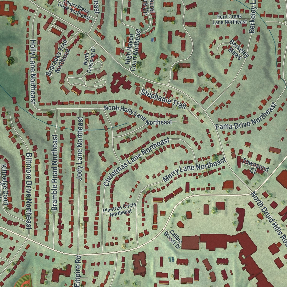 Close-up 1 of the North Druid Hills, Georgia map artwork