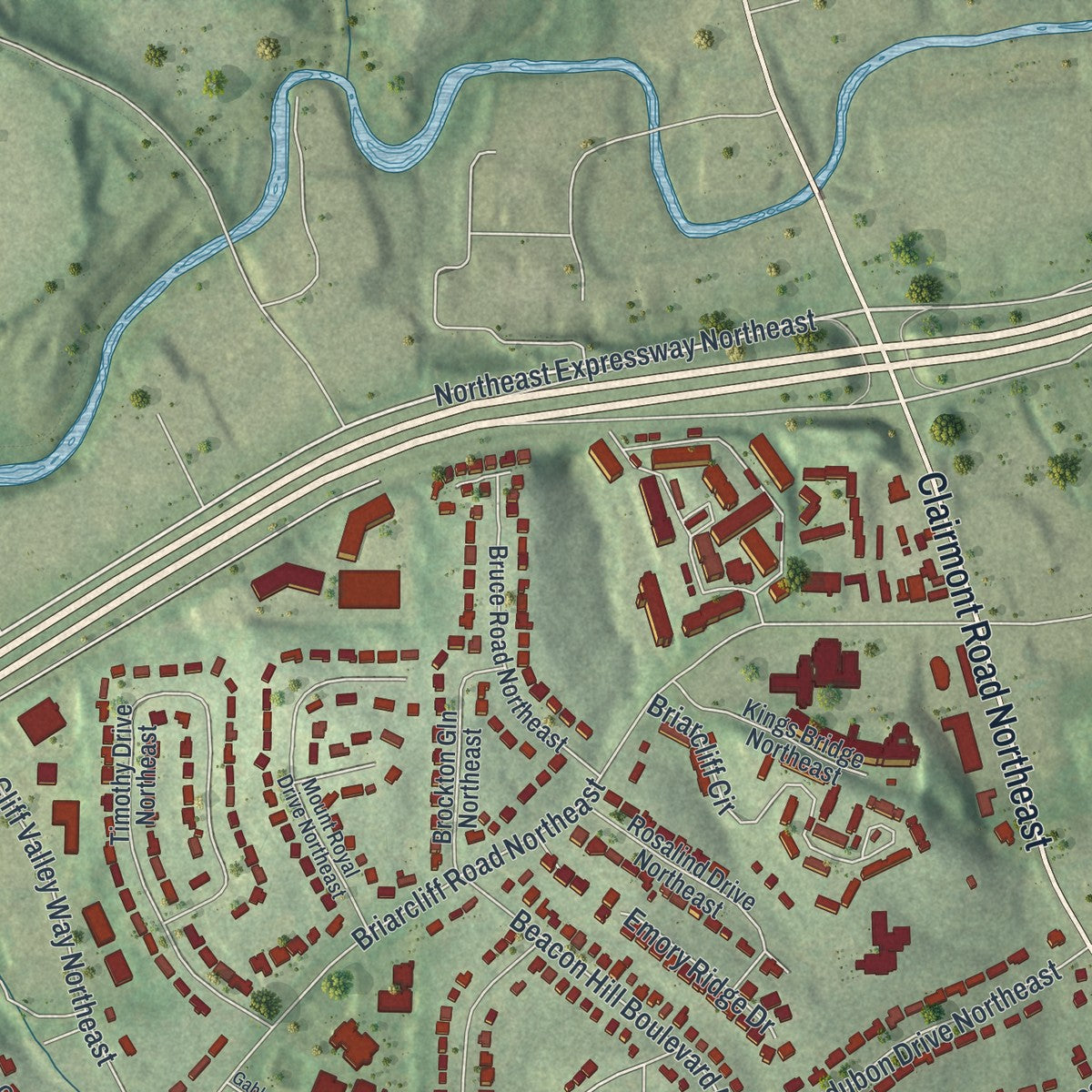 Close-up 2 of the North Druid Hills, Georgia map artwork