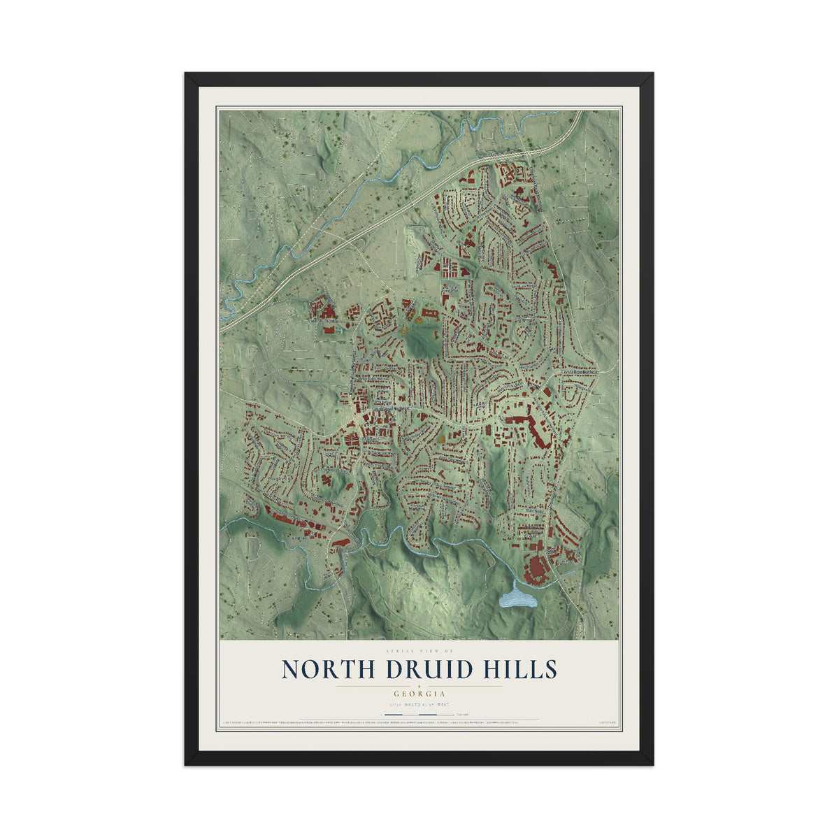 North Druid Hills, Georgia map print, 12" x 18" W/ Black Ayous Wood Frame mockup