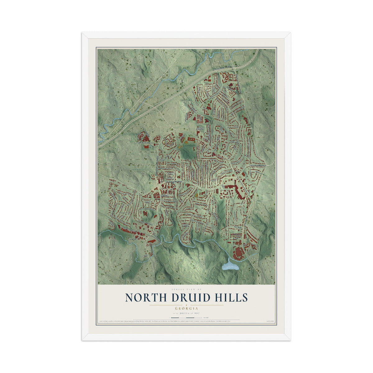 North Druid Hills, Georgia map print, 12" x 18" W/ White Ayous Wood Frame mockup