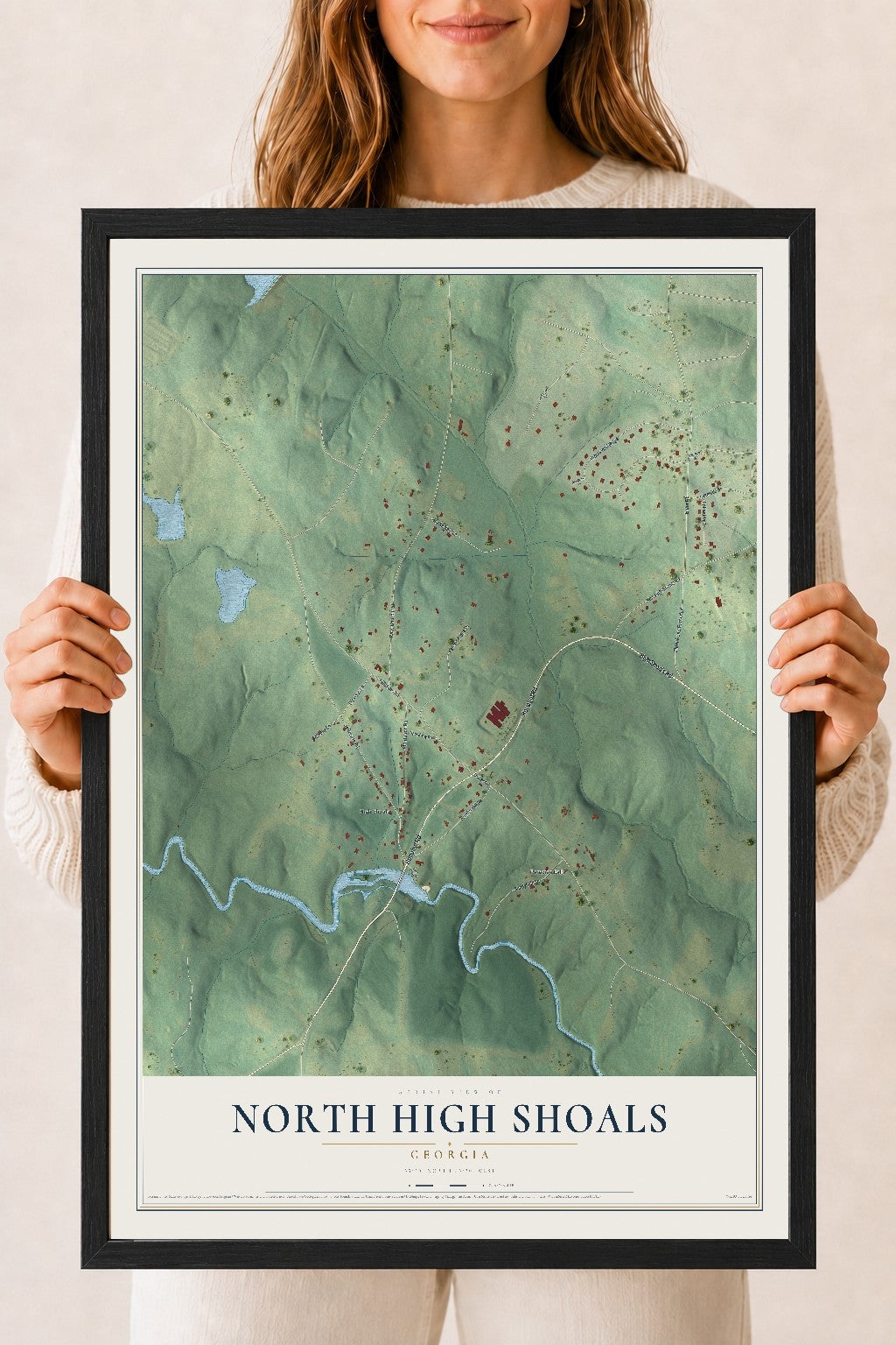 North High Shoals, Georgia map print, 18" x 24" W/ Black Ayous Wood Frame mockup