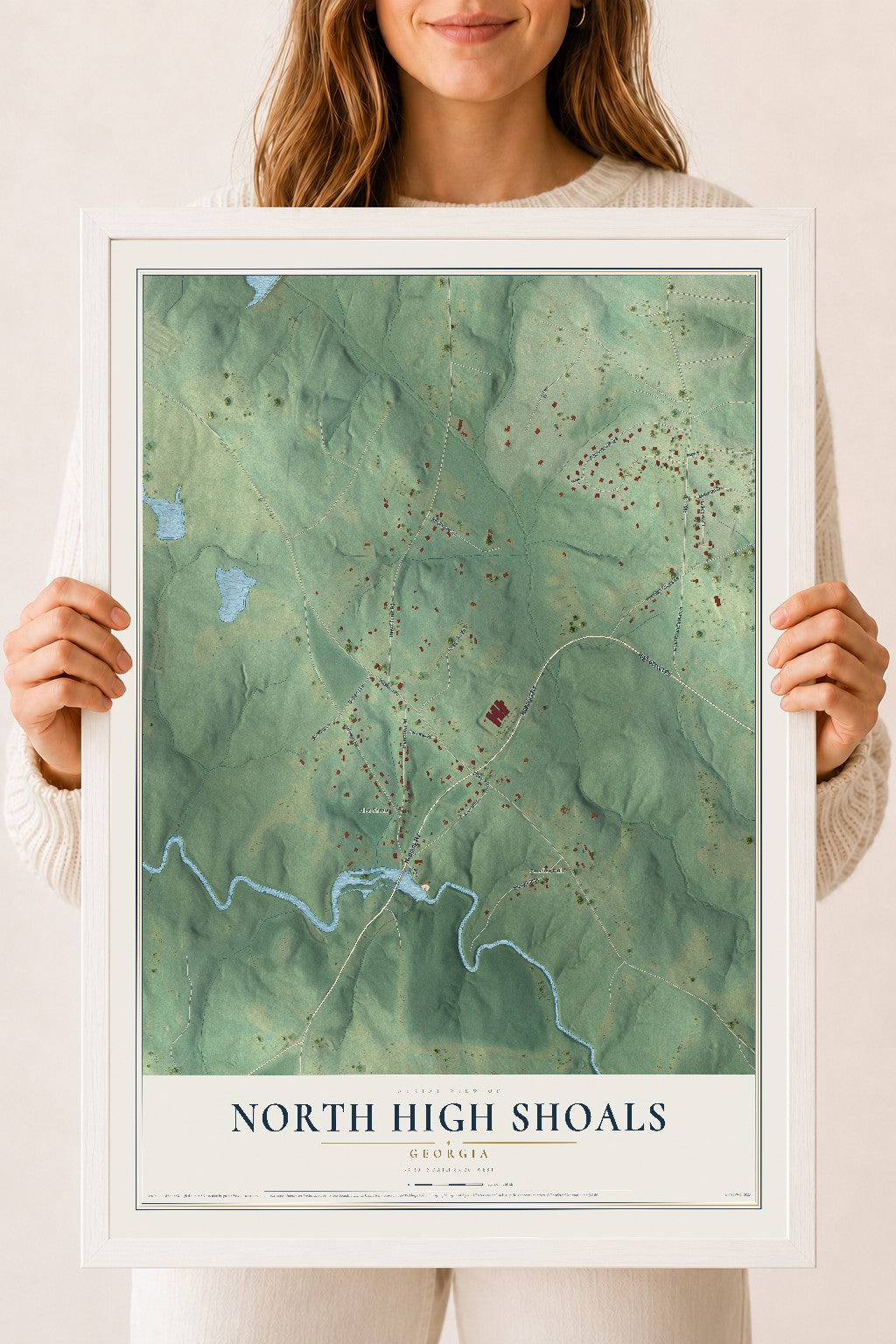 North High Shoals, Georgia map print, 18" x 24" W/ White Ayous Wood Frame mockup