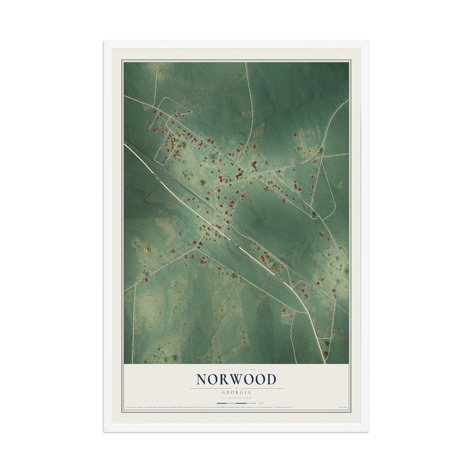 Norwood, Georgia map print, 12" x 18" W/ White Ayous Wood Frame mockup