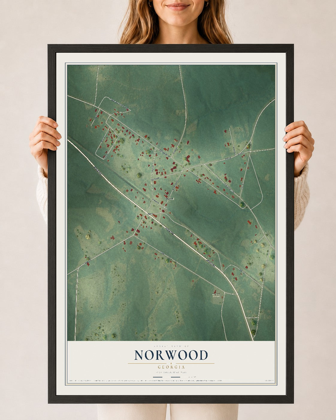 Norwood, Georgia map print, 24" x 36" W/ Black Ayous Wood Frame mockup